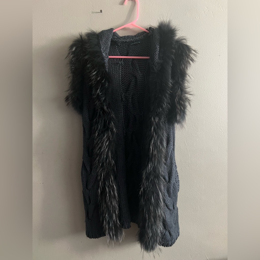 Women’s Jocelyn Rabbit Fur Trim Knit Gray Cozy Chic Luxury Hooded Vest M